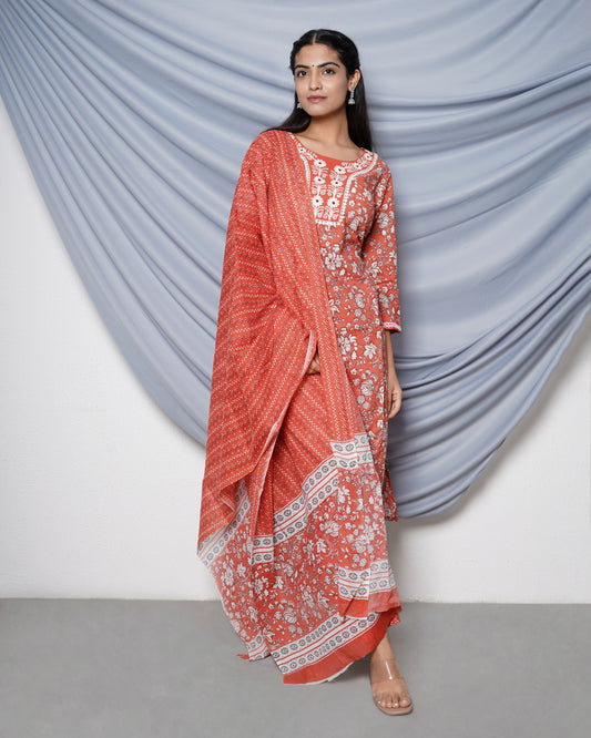 PEACH COTTON EMBROIDERED STRAIGHT SUIT SET